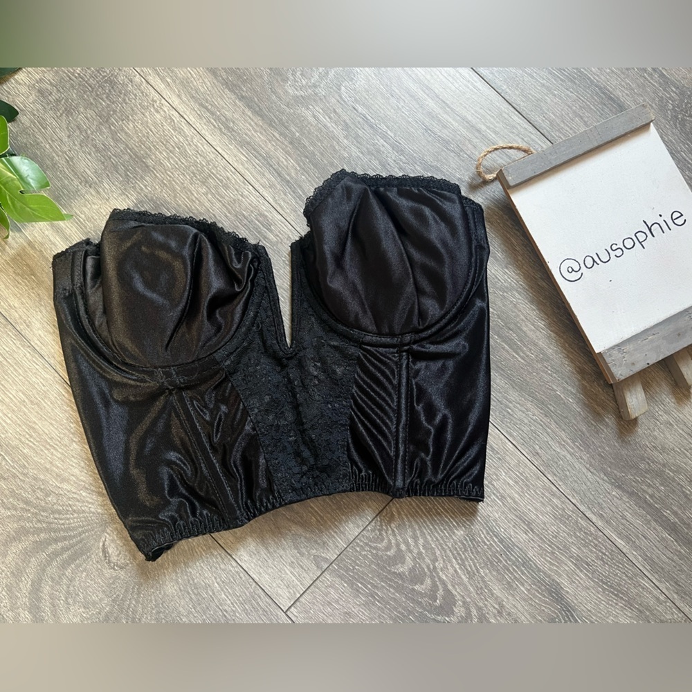 Vtg Backless by Smoothie Coquette Black Satin & Lace Padded Corset bustier 34C